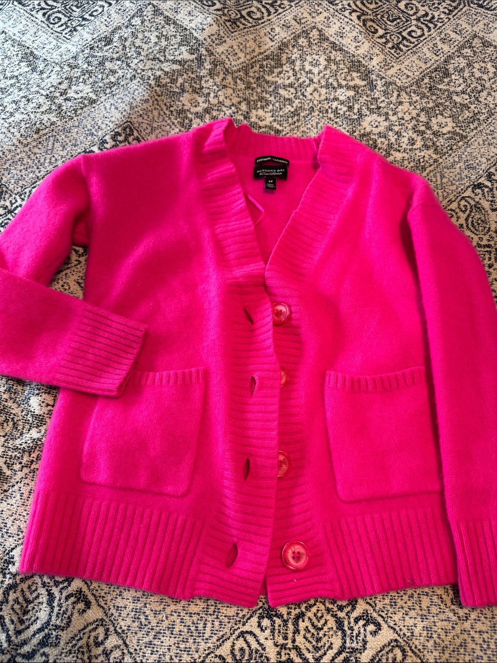 Bright Fuchsia Pink Women's Button-Front Cashmere Cardigan with Patch Pockets